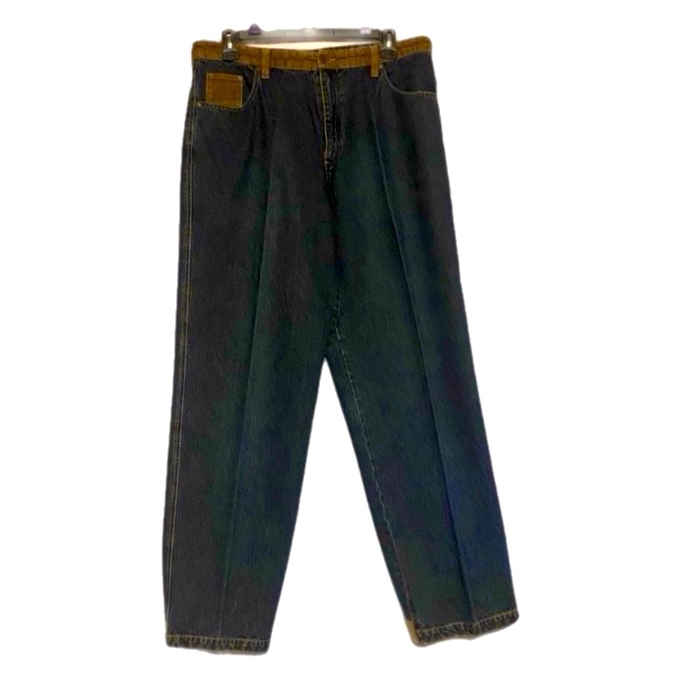 Storm Y2K Baggy Straight Leg Jeans Corduroy Trim Dark Wash 38x33